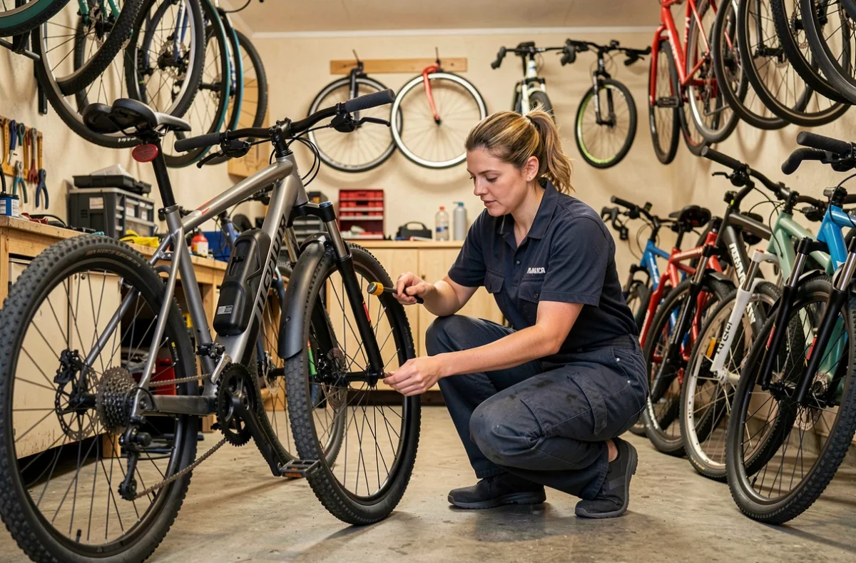 Mécanicienne d'A Bicyclette remplaçant une chambre à air sur un vélo hybride dans un atelier polyvalent à Nantes