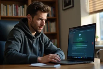 Jeune homme accédant à un site bloqué sur son ordinateur portable depuis son bureau à domicile