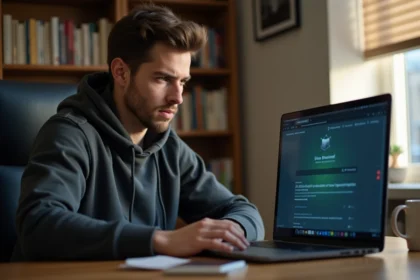 Jeune homme accédant à un site bloqué sur son ordinateur portable depuis son bureau à domicile
