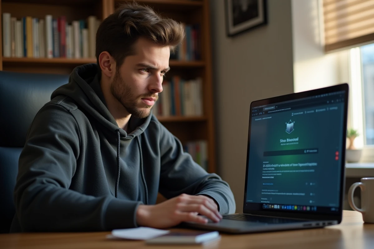 Jeune homme accédant à un site bloqué sur son ordinateur portable depuis son bureau à domicile