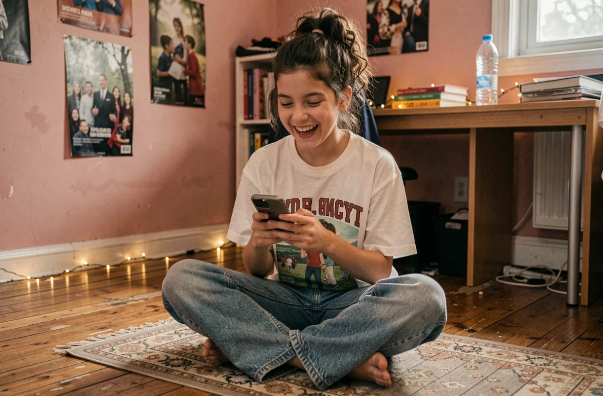 Adolescente souriante assise sur le sol de sa chambre en train d'envoyer des messages sur son téléphone, décor de chambre ado authentique avec posters et guirlandes lumineuses