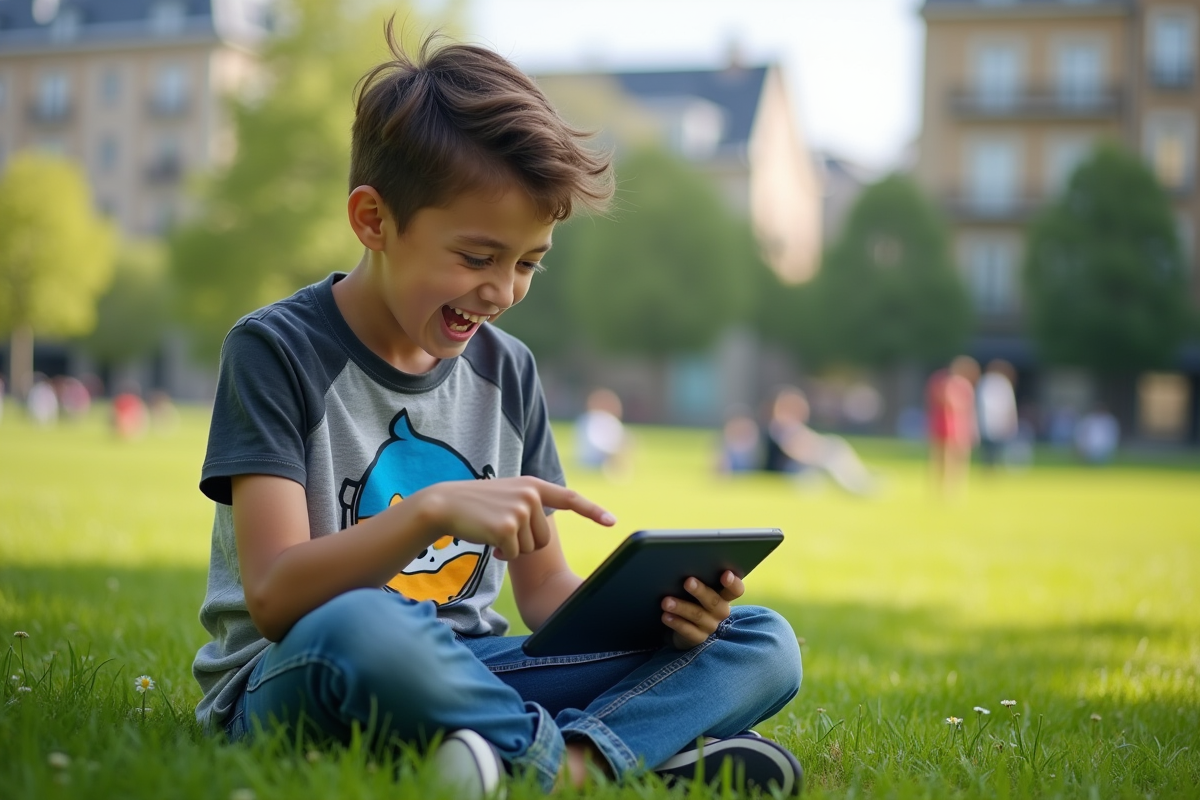 Adolescent jouant à Dofus dans un parc urbain en plein air