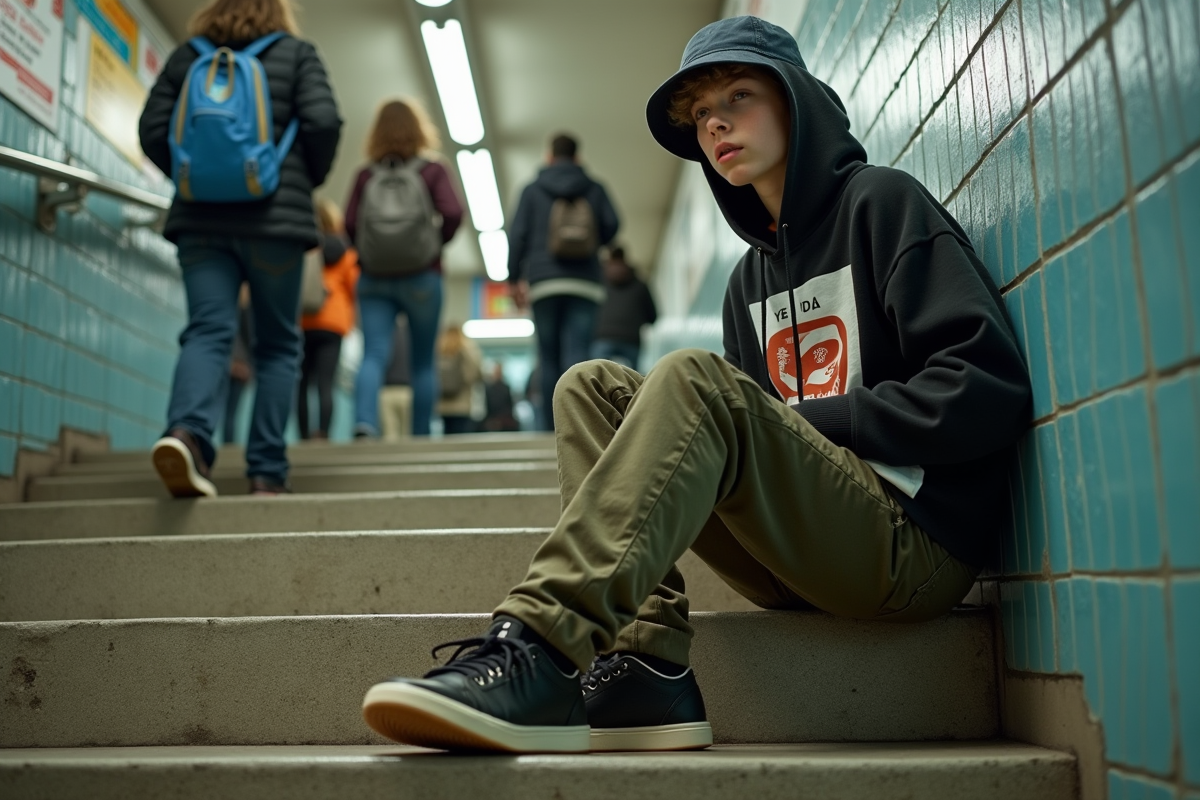 Adolescent assis dans une station de métro avec vêtements décontractés
