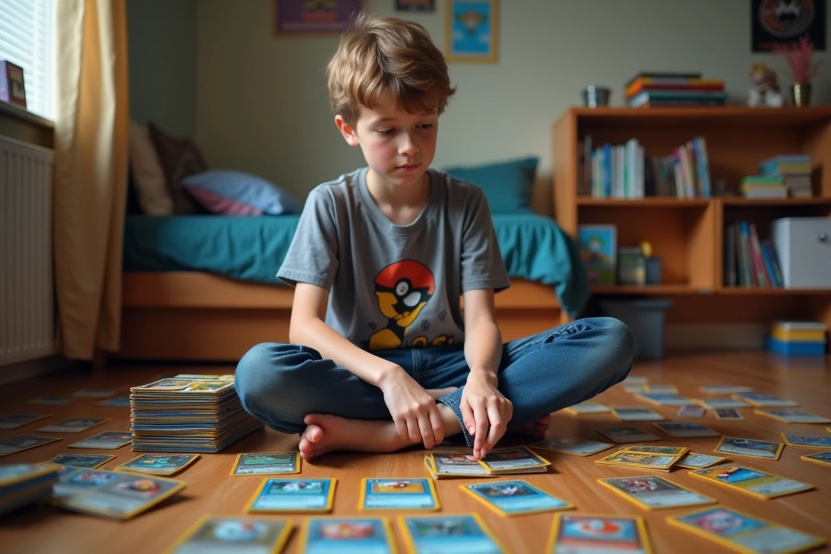 Adolescent construisant son deck de cartes Pokémon sur le sol de sa chambre entouré de cartes triées et d'une boîte à deck ouverte