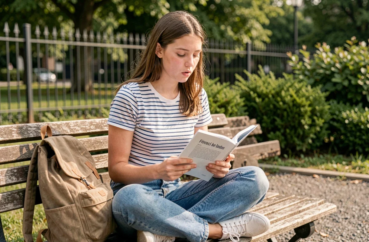 Adolescente étudiant un livre de grammaire française sur un banc de parc en été pour mémoriser la règle orthographique des vacances