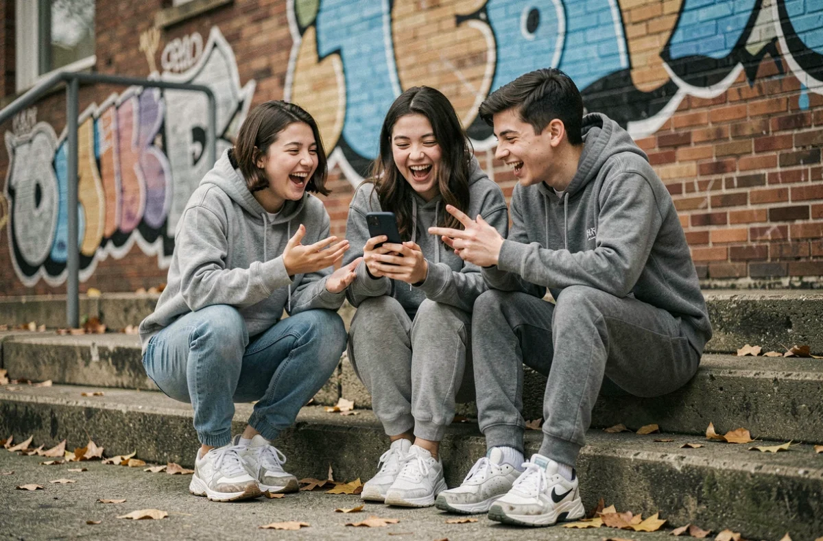 Trois adolescents en tenue streetwear riant ensemble devant les marches d'un lycée urbain en regardant un téléphone, ambiance spontanée et authentique