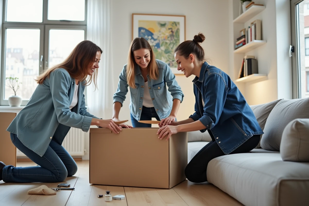 Trois adultes assemblent un meuble dans un salon lumineux