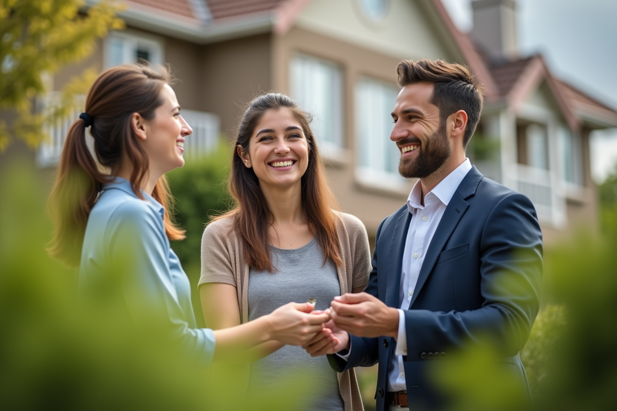 Agent immobilier remettant les clés à un couple souriant devant une maison