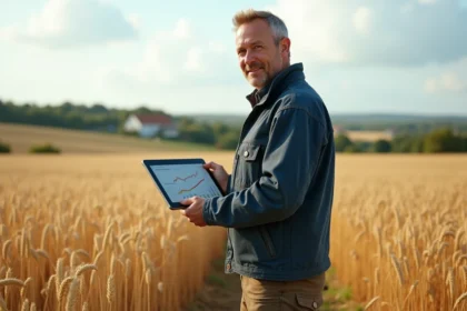 Agriculteur français utilisant un logiciel de gestion agricole Simagri sur tablette dans un champ de blé en France