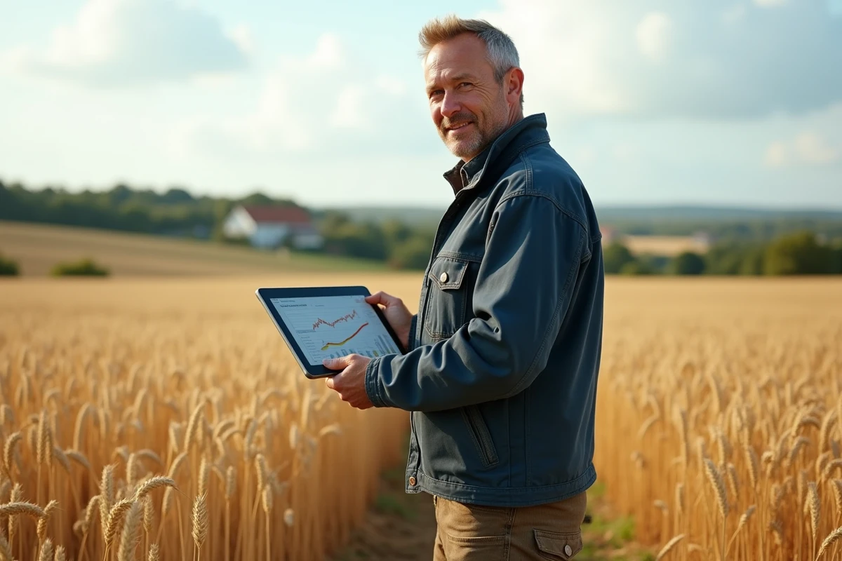 Agriculteur français utilisant un logiciel de gestion agricole Simagri sur tablette dans un champ de blé en France