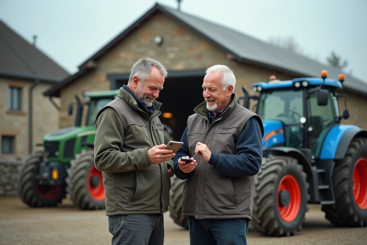 Deux agriculteurs consultant les mises à jour Simagri sur smartphone devant un tracteur dans une ferme française