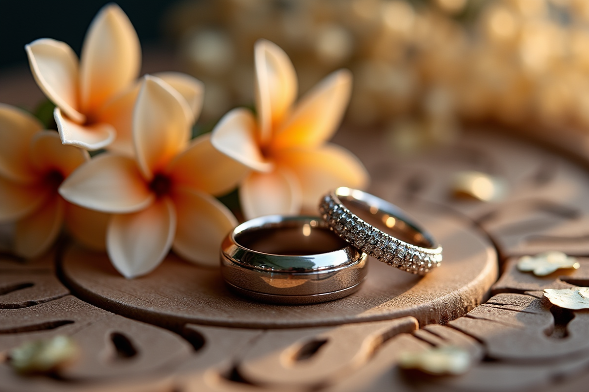 Alliances de mariage sur une surface en bois avec fleurs et confettis
