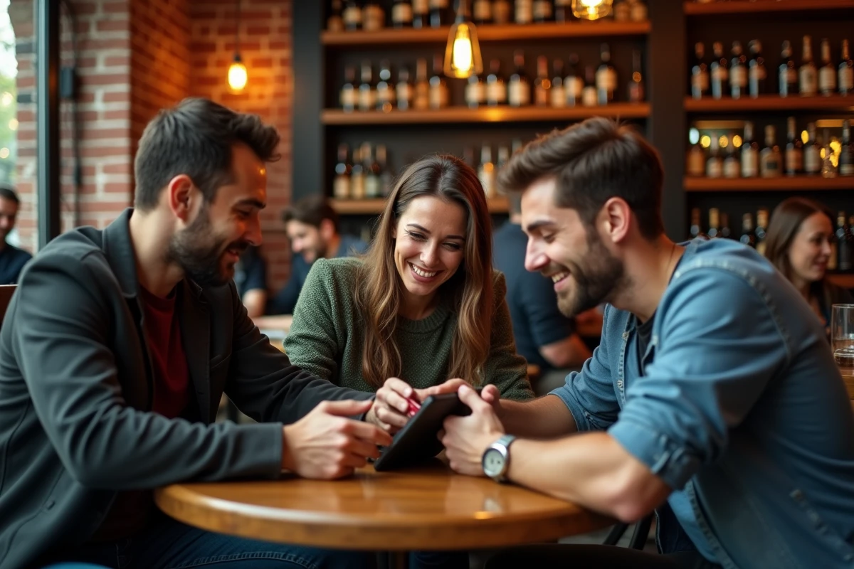 Groupe d'amis choisissant un bar à Toulouse grâce aux avis en ligne sur une tablette