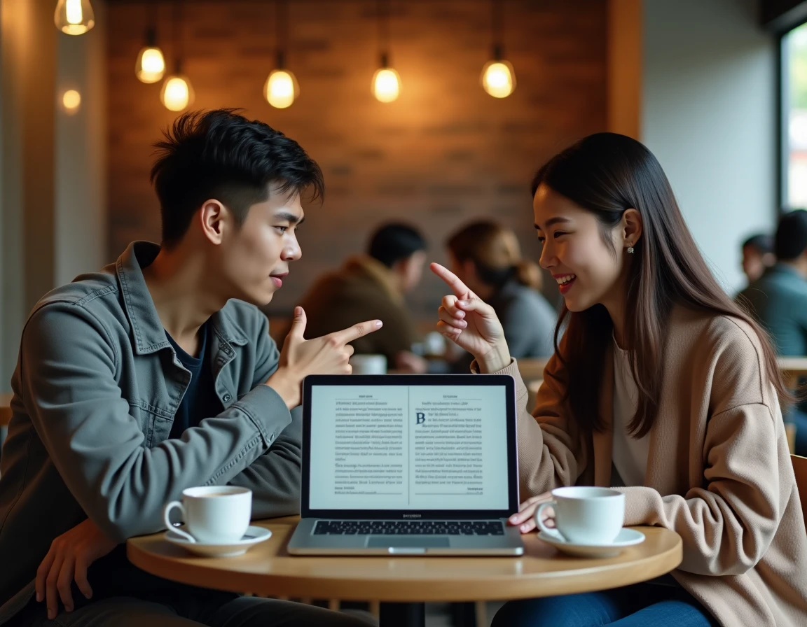 Deux amis discutant d'un chapitre de scan manga sur ordinateur portable dans un café urbain