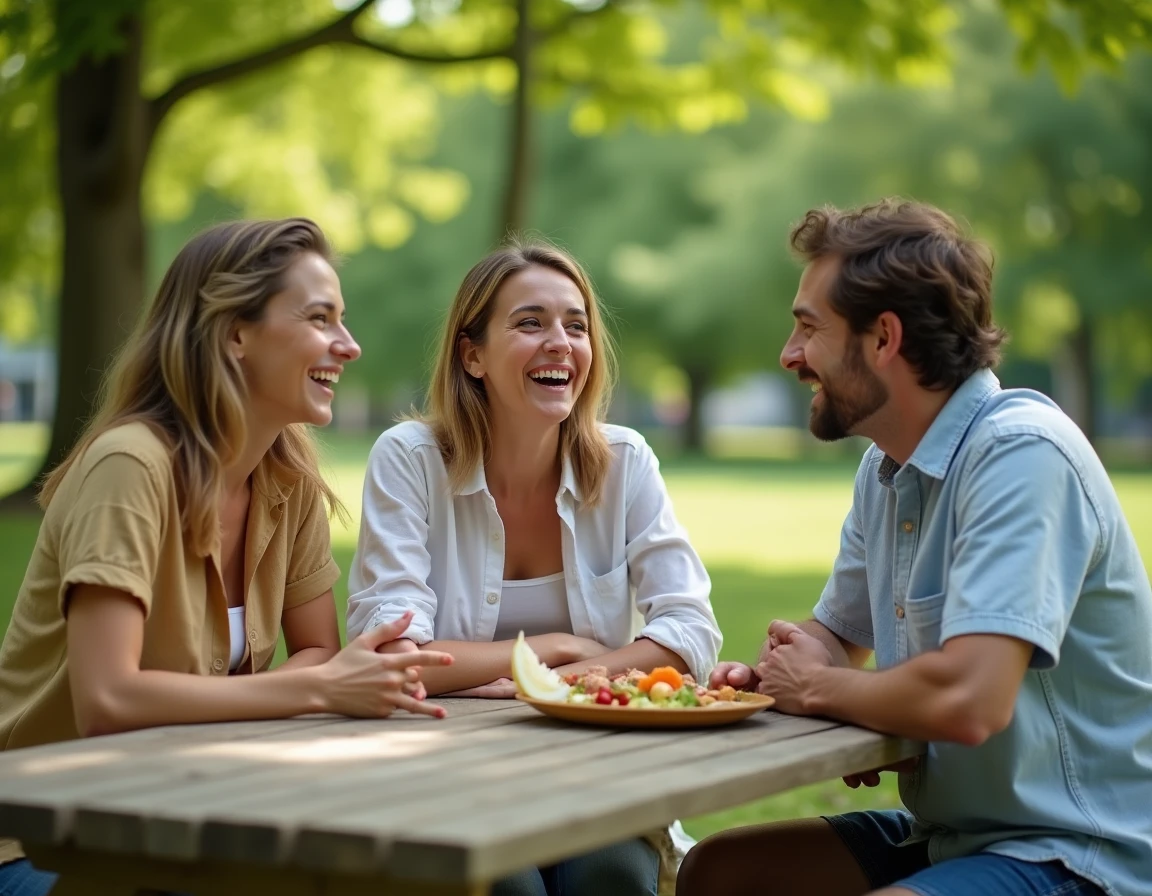 Groupe d'amis riant autour d'une table de parc après un jeu de mots réussi