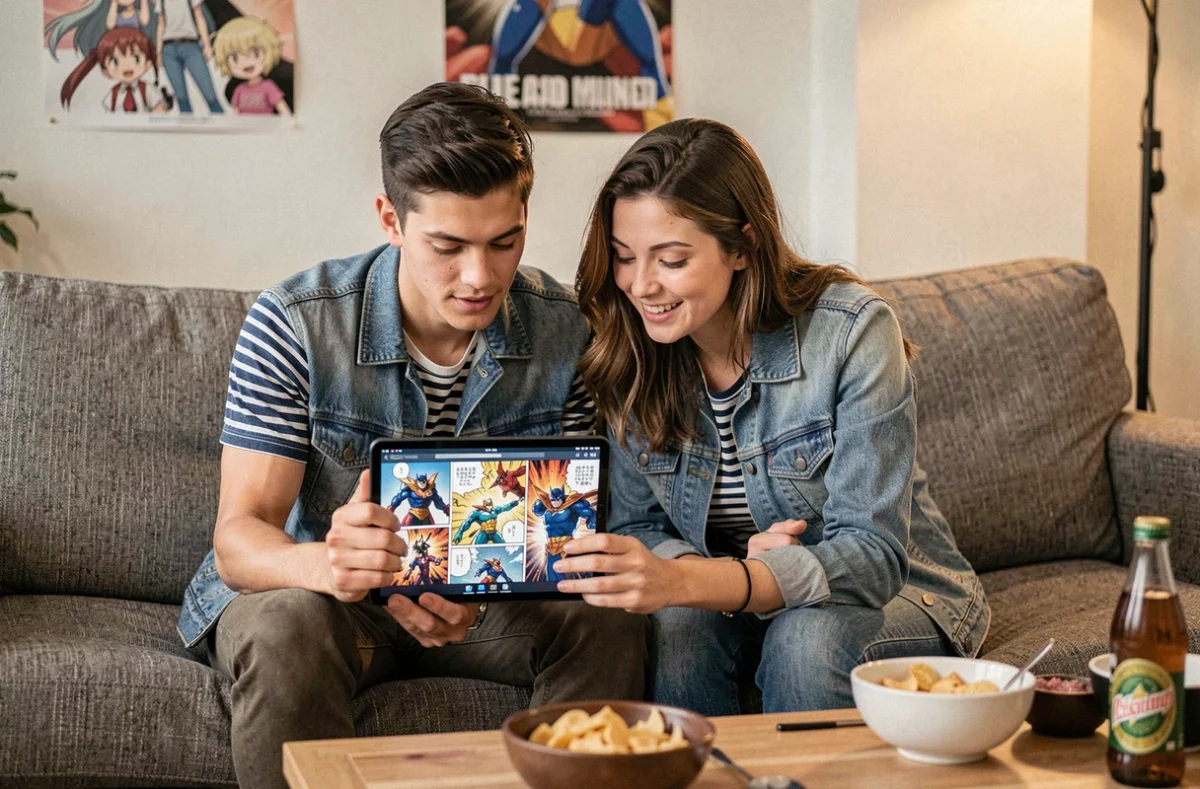 Deux amis partageant la lecture d'un manga de super-héros sur tablette dans un salon urbain
