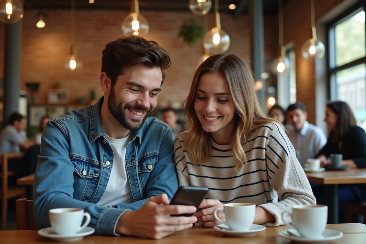 Deux amis consultant un scan de manga One Piece sur un smartphone dans un café, partageant leurs réactions à voix haute