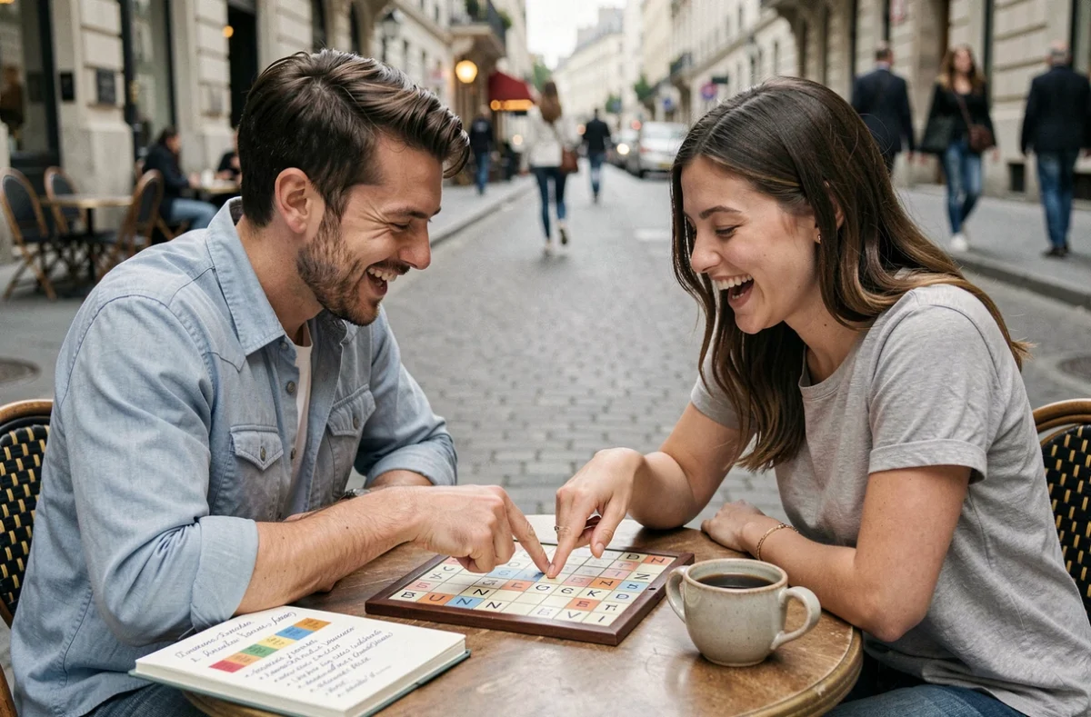 Deux amis jouant au Scrabble en terrasse de café avec un carnet de mémorisation visuelle des mots autorisés