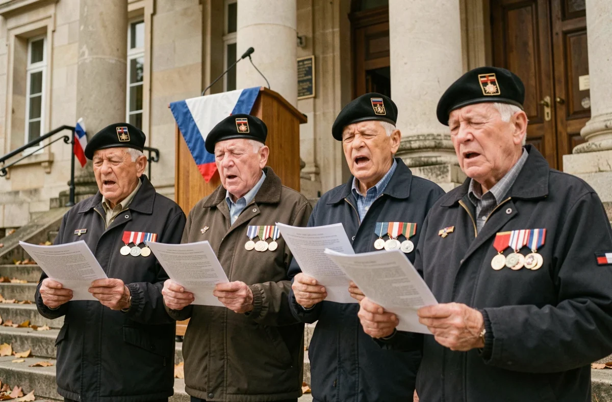 Anciens combattants chantant des hymnes militaires sur les marches d'une mairie lors d'une commémoration locale
