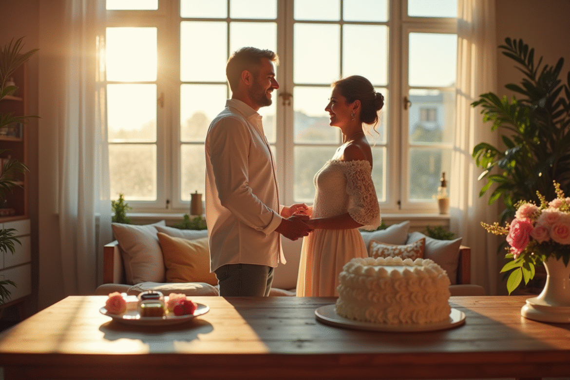 Couple célébrant leur anniversaire de mariage dans un salon lumineux