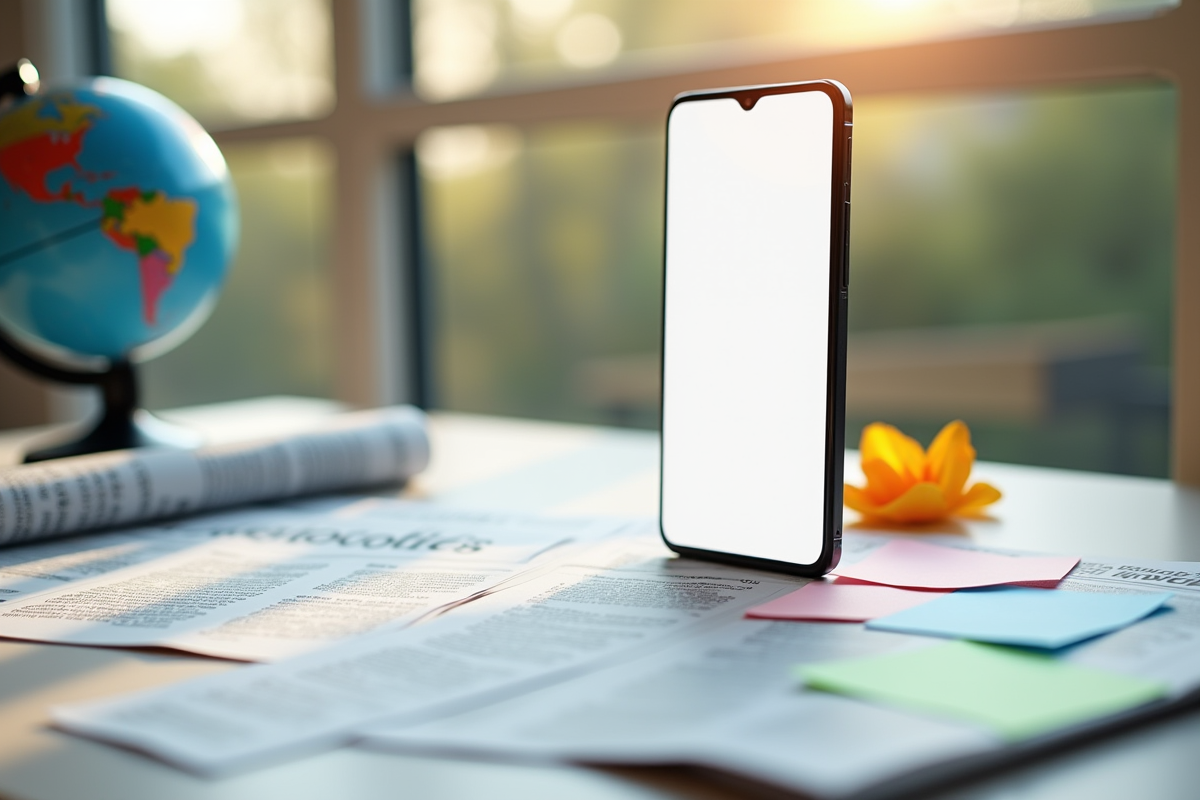 Application de traduction sur smartphone avec globe et notes multilingues