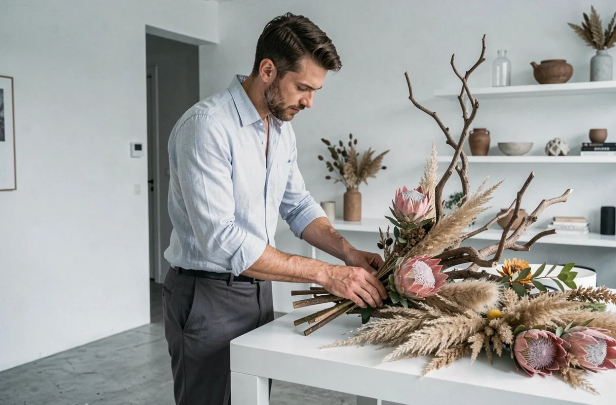 Fleuriste créatif de L'Atelier des Fleurs à Déville-lès-Rouen composant une installation florale artistique avec des protéas et des herbes séchées