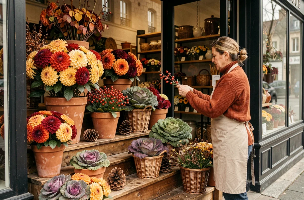 Vitrine saisonnière d'Au Fil des Saisons à Rouen avec des compositions automnales de dahlias, baies d'églantier et choux ornementaux