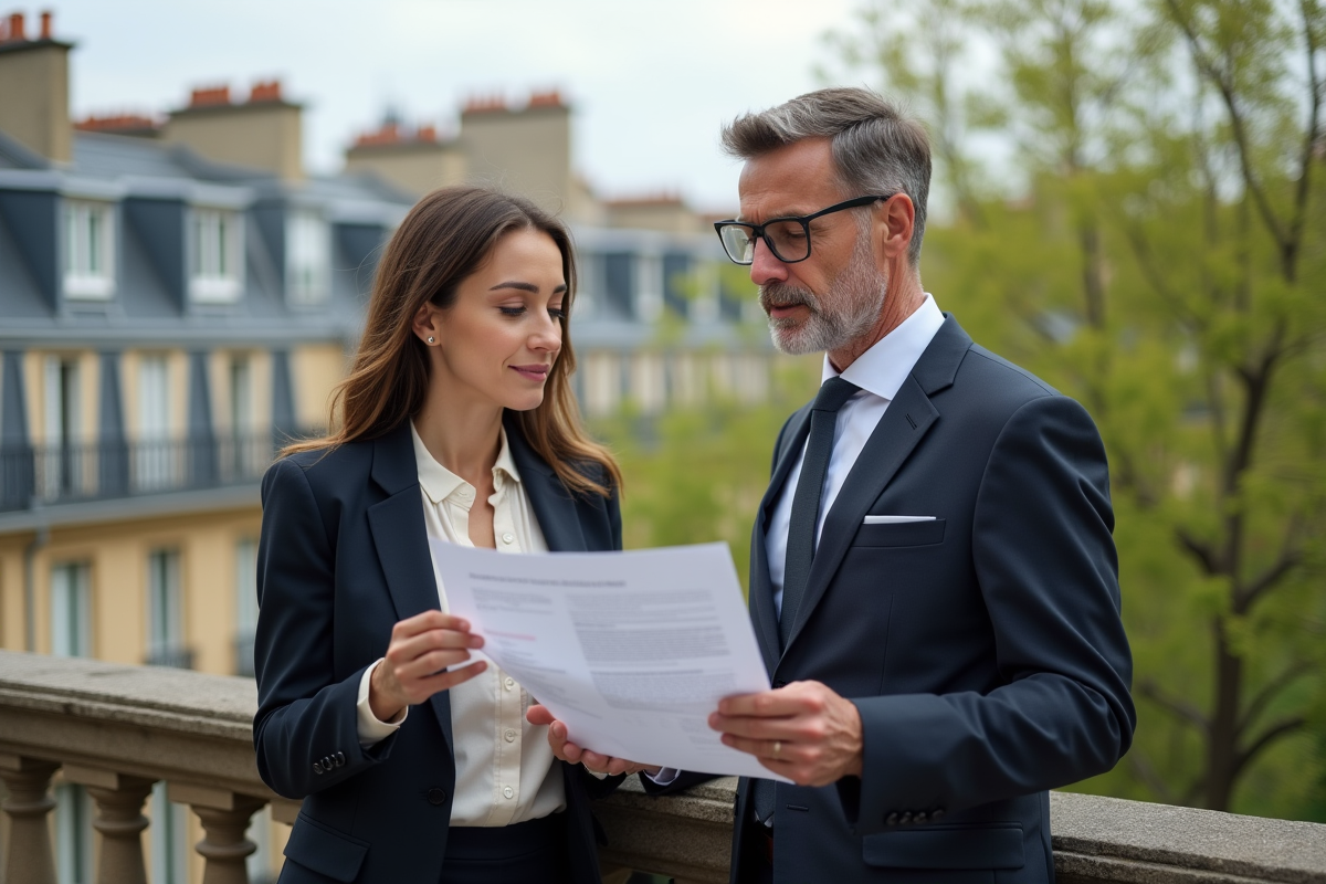 Homme et femme examinent un rapport d audit energie sur un balcon parisien