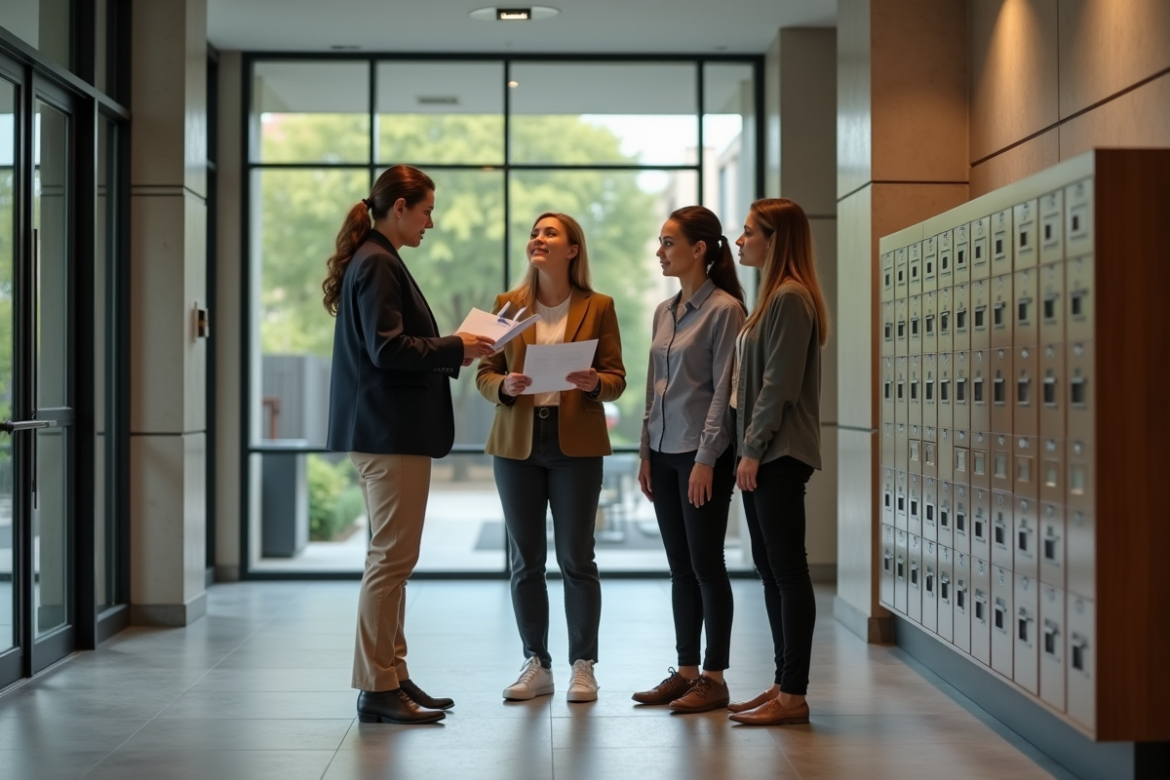 Auditrice energie professionnelle discute avec residents dans un hall moderne