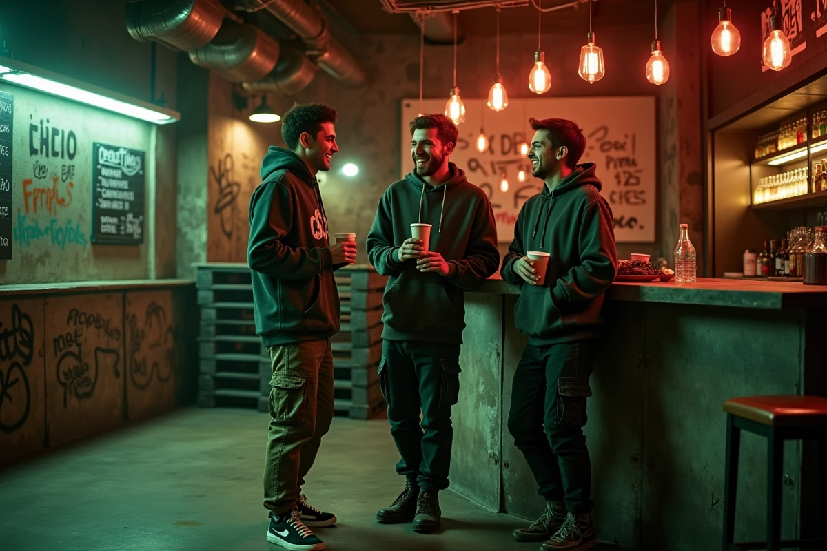 Groupe d'amis au bar d'un club techno parisien bon marché avec boissons abordables et décor graffiti