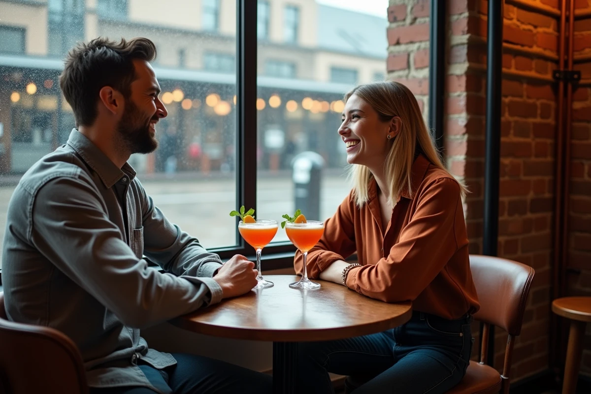Deux amis partageant des cocktails dans un bar cosy près de la gare de Lille