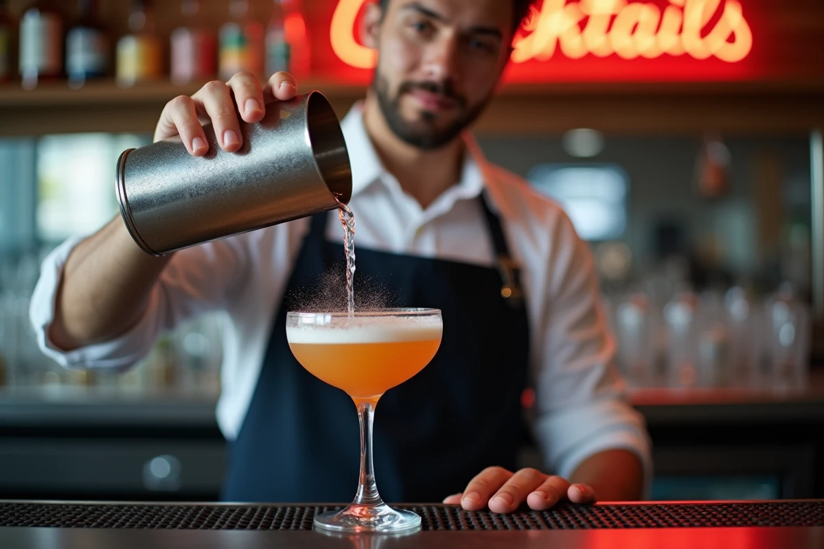 Barman préparant un cocktail artisanal dans un bar branché de Lille près de la gare