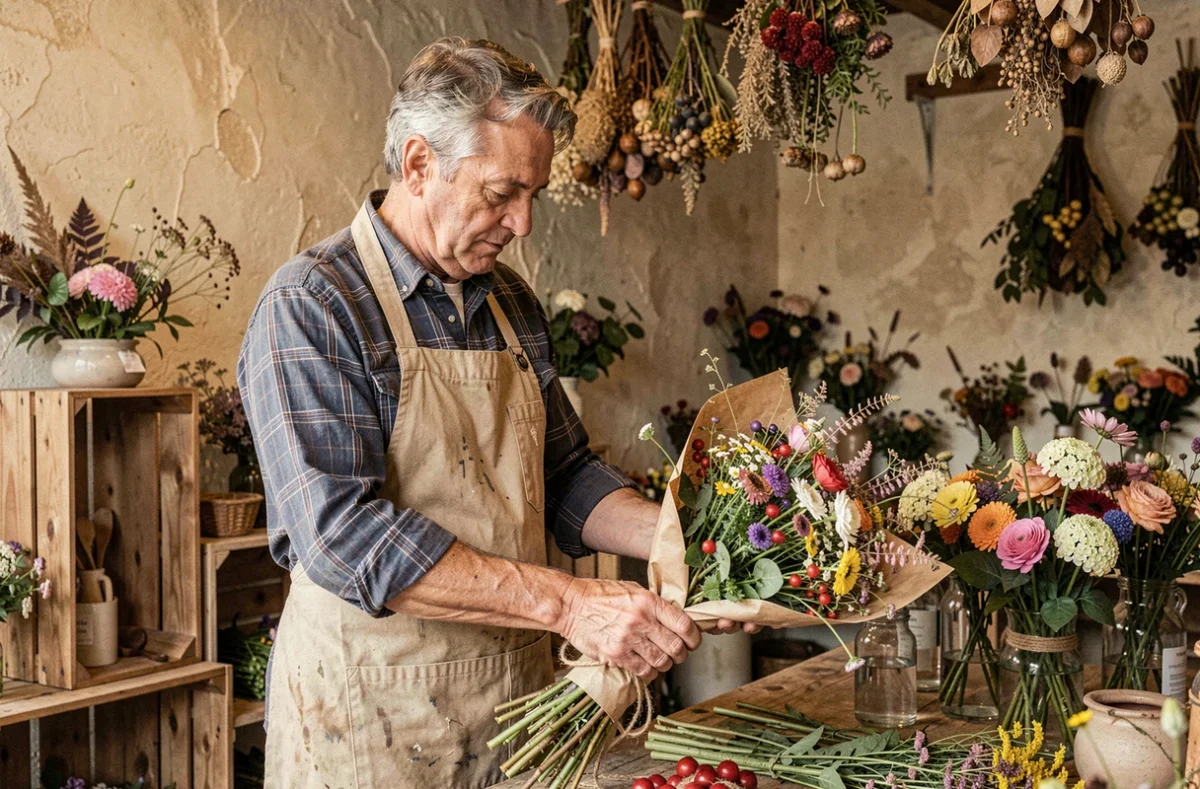 Fleuriste artisan de Basille Fleurs à Rouen emballant un bouquet rustique de fleurs sauvages et de feuillage dans du papier kraft