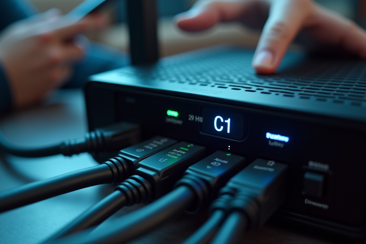 Zoom sur le modem Bbox affichant le code C1 avec câbles et smartphone