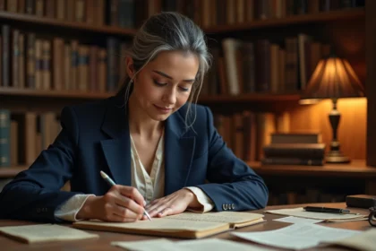 Femme consultant des archives et documents anciens pour retracer une date de naissance historique
