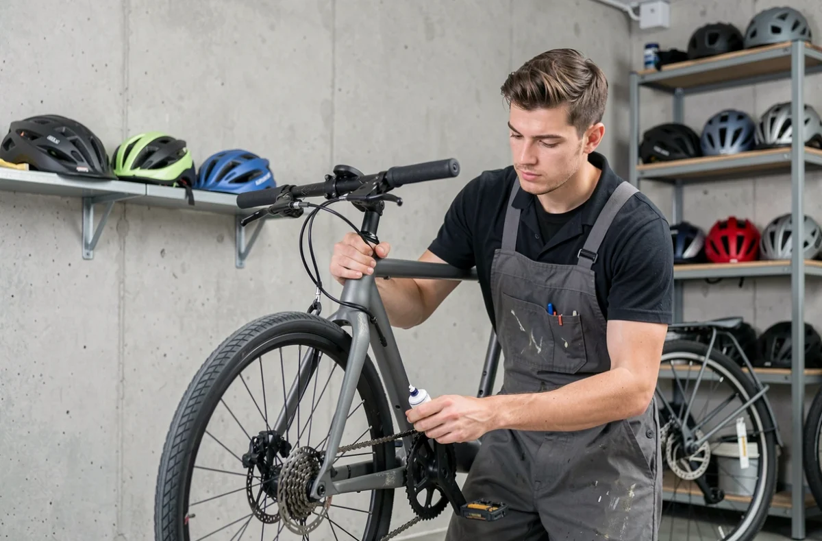 Mécanicien de Bo Velo effectuant l'entretien d'un vélo urbain en lubrifiant la chaîne dans un atelier moderne à Nantes
