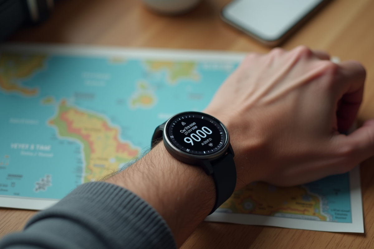 Montre connectee affichant 9000 pas sur une table en interieur