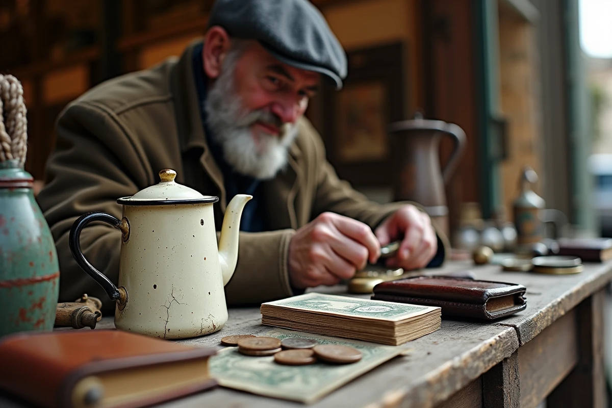 Détail d'un étal de brocante en Moselle avec objets anciens et bibelots vintage