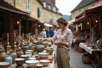 Marché de brocante en plein air dans un village de Moselle avec étals d'objets anciens et chineurs