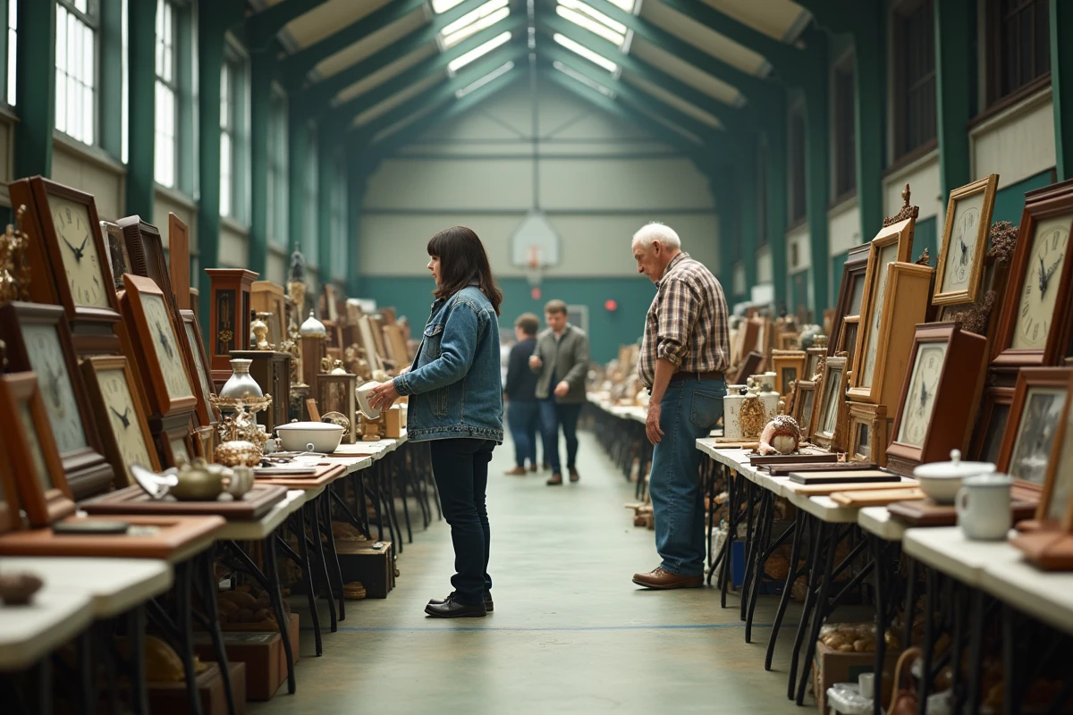 Brocante intérieure dans une salle communale de Moselle avec visiteurs et objets de collection