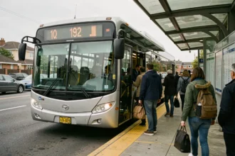 Bus de la ligne 192 à l'arrêt dans une gare de banlieue avec des passagers qui embarquent, affichage de destination visible