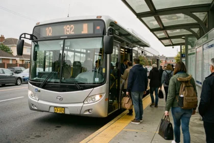 Bus de la ligne 192 à l'arrêt dans une gare de banlieue avec des passagers qui embarquent, affichage de destination visible
