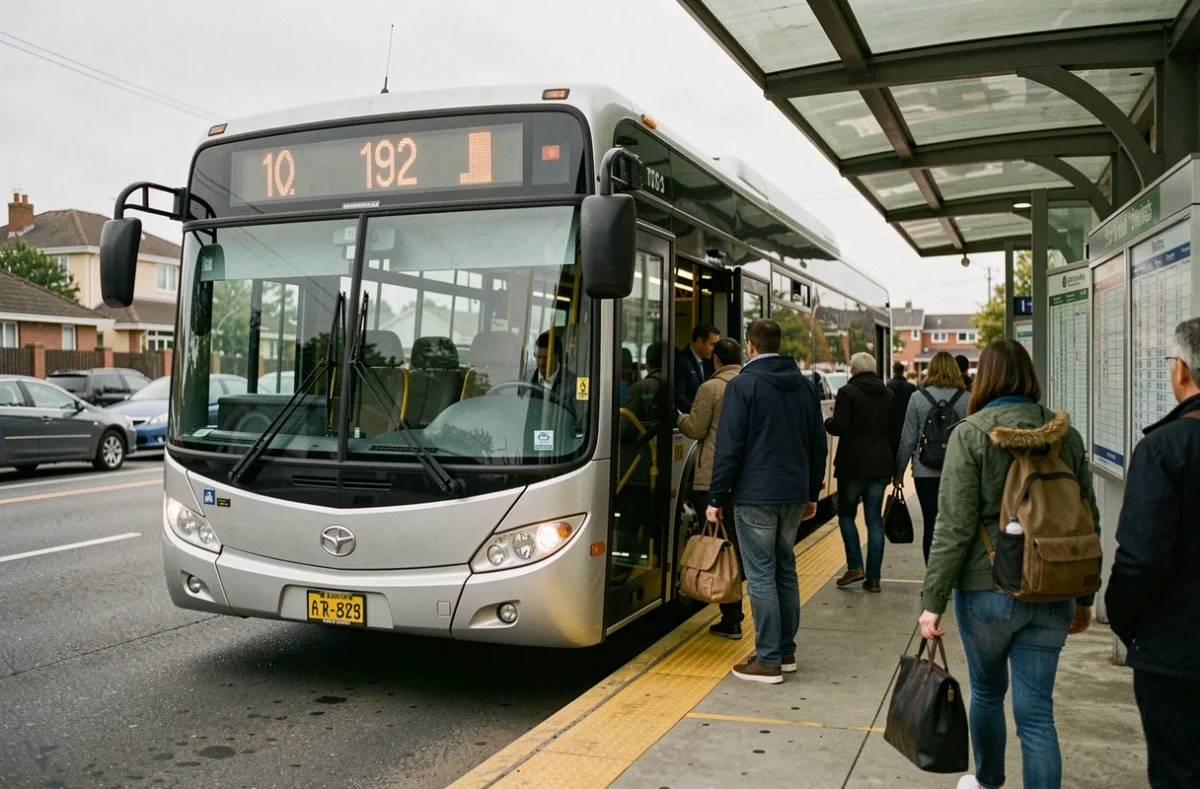 Bus de la ligne 192 à l'arrêt dans une gare de banlieue avec des passagers qui embarquent, affichage de destination visible