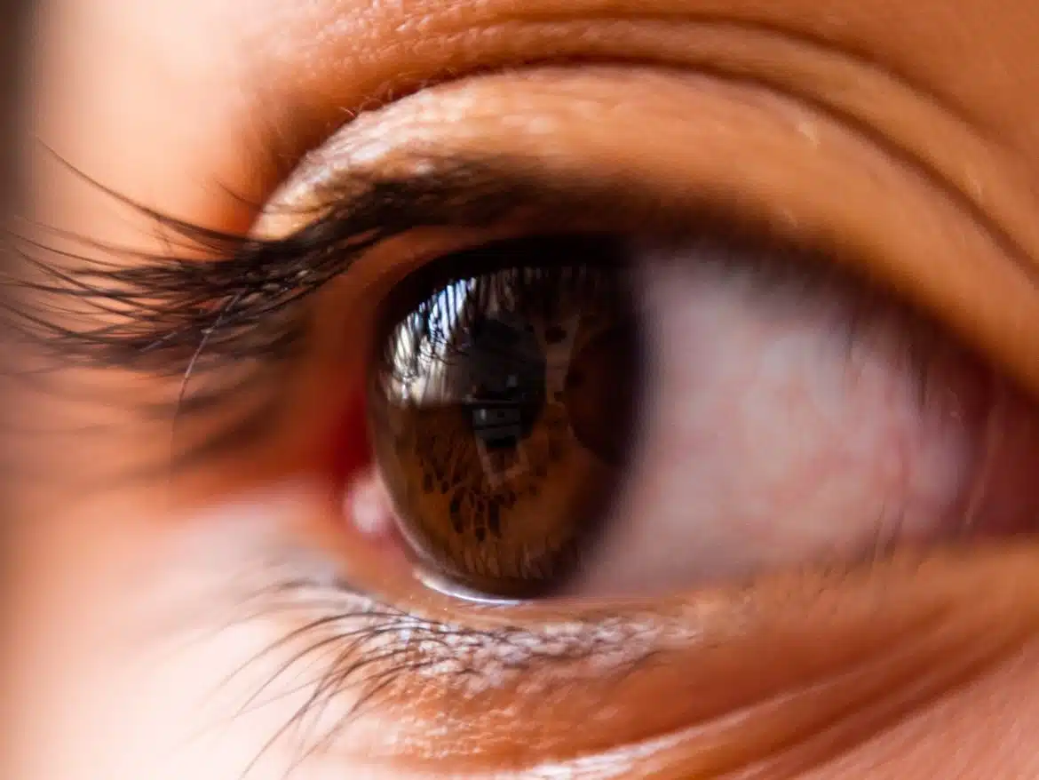 a close up of a person's brown eye