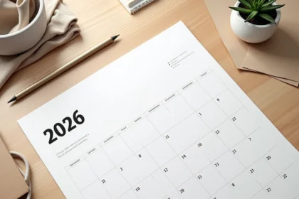 Calendrier mensuel minimaliste 2026 imprimé posé sur un bureau en bois clair avec crayon et plante succulente