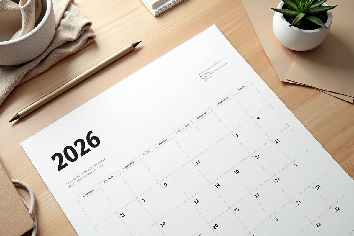 Calendrier mensuel minimaliste 2026 imprimé posé sur un bureau en bois clair avec crayon et plante succulente