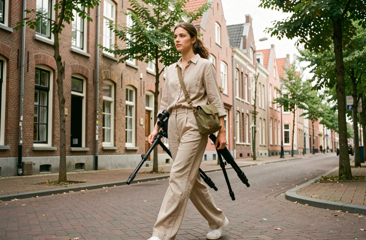 Vidéaste féminine se déplaçant dans les rues de Lille avec son matériel de tournage