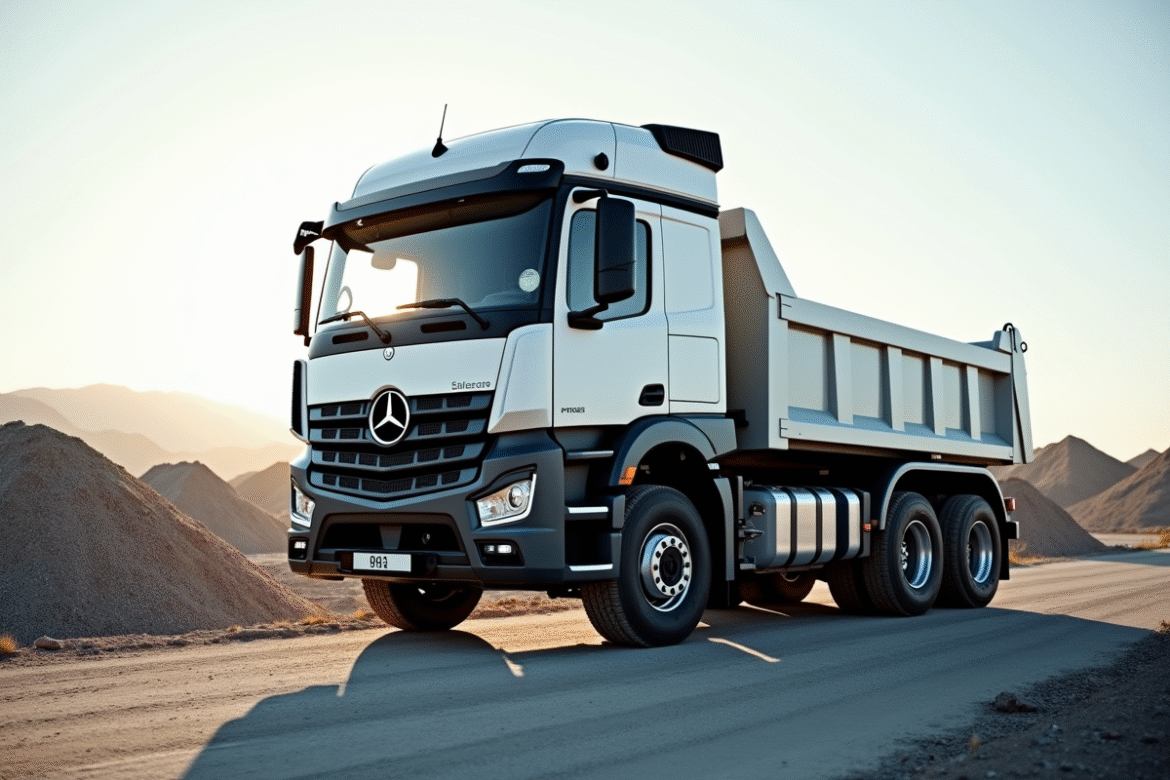 Camion benne blanc sur un chantier propre en journée