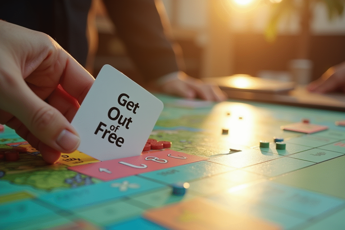 Main glissant une carte sortie gratuite sur un plateau Monopoly coloré