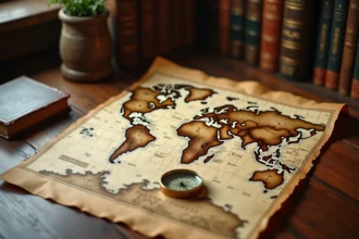 Carte du monde ancienne avec loupe identifiant une capitale sur un atlas géographique vintage